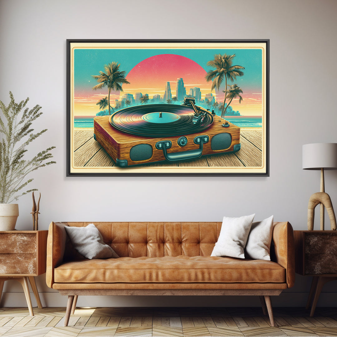 Vinyl Record Player Framed Canvas Print, Retro Art, Abstract Wall Art, Living Room Decor, Oil Painting, Retro, Neutral Decor, RET-3x2-40