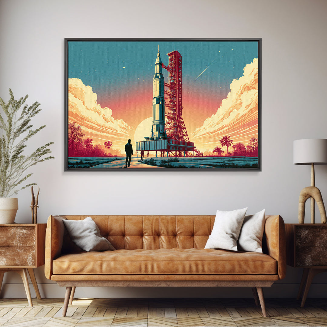 Space Age Rocket Poster Scene Framed Canvas Print, Retro Art, Art Print, Living Room Decor, Fine Art, Retro, Printable Wall Art, RET-3x2-59