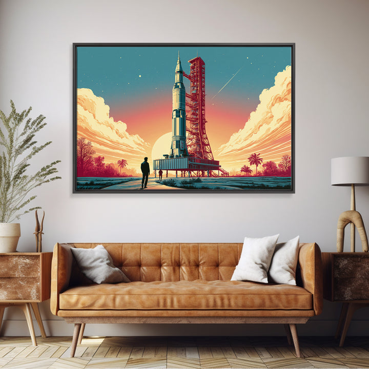 Space Age Rocket Poster Scene Framed Canvas Print, Retro Art, Art Print, Living Room Decor, Fine Art, Retro, Printable Wall Art, RET-3x2-59