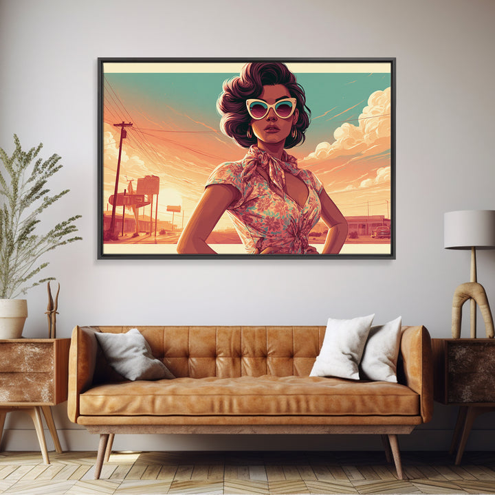 Mod Woman in Sunglasses and Scarf Framed Canvas Print, Retro Art, Floral Wall Art, Living Room Decor, Fine Art, Retro, RET-3x2-60