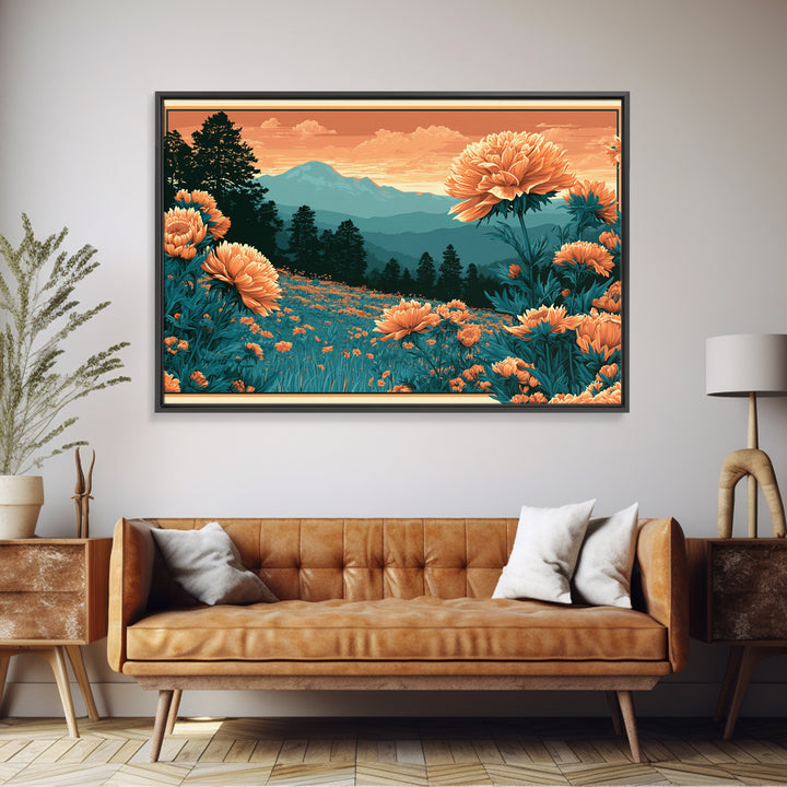 Retro Floral Pattern Framed Canvas Print, Retro Art, Movie Poster, Living Room Decor, Oil Painting, Retro, Wall Art Print, RET-3x2-63