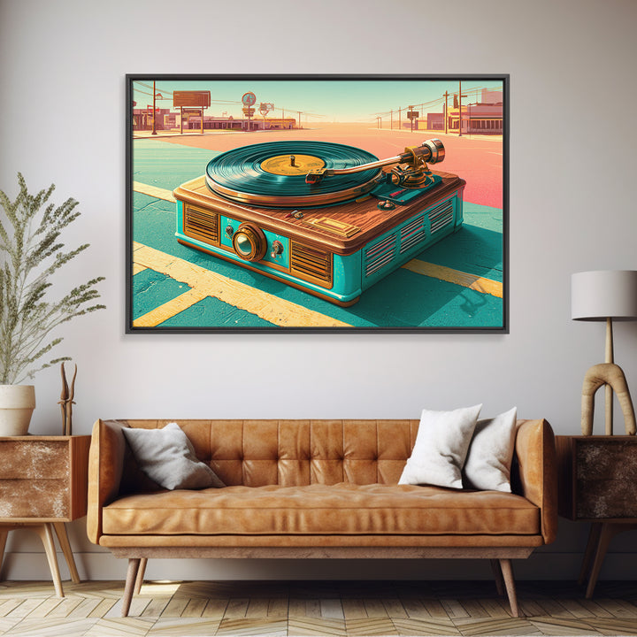 Vinyl Record Player Framed Canvas Print, Retro Art, Gallery Decor, Living Room Decor, Abstract Art, Retro, Contemporary Art, RET-3x2-64