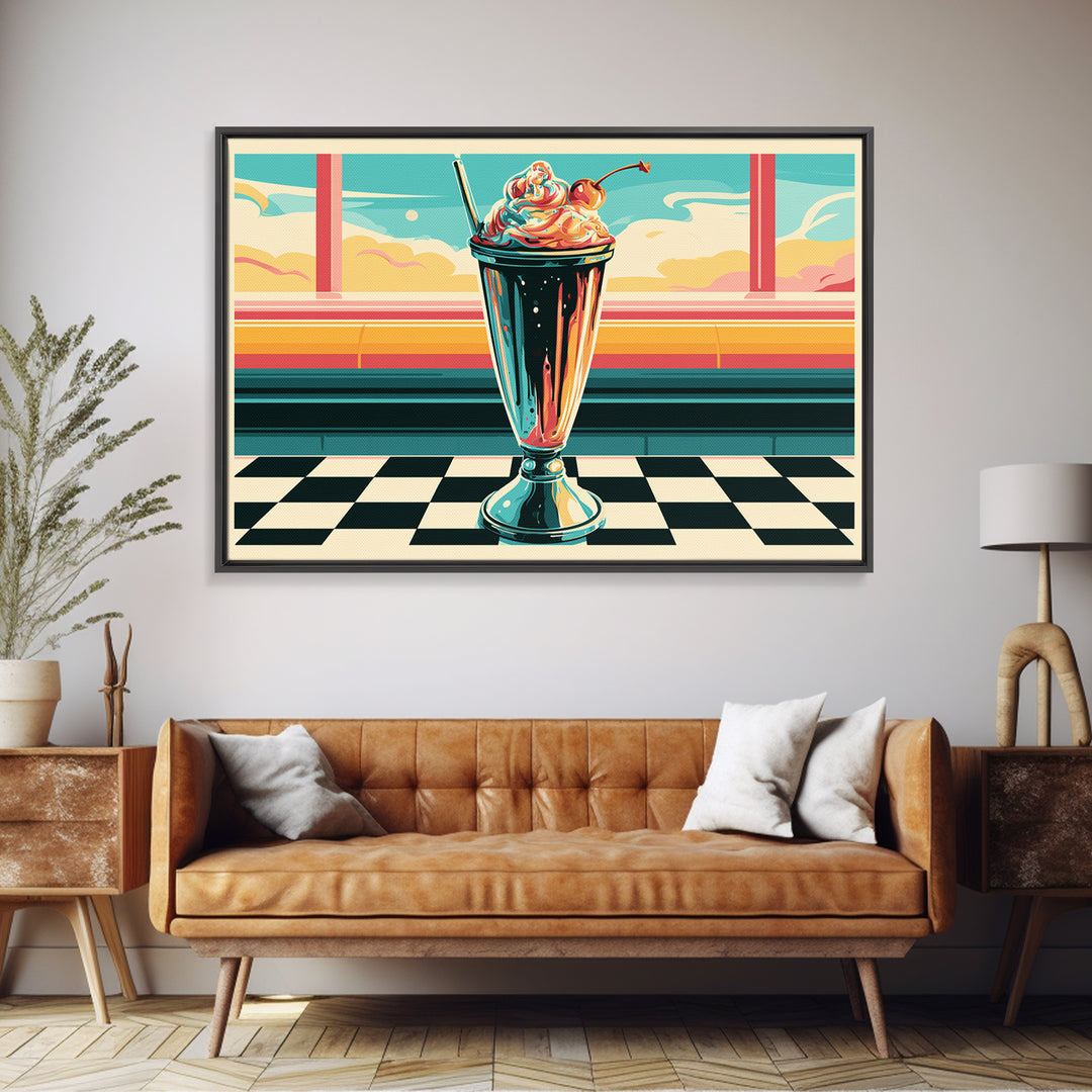 1950s Diner Milkshake Framed Canvas Print, Retro Art, Gallery Decor, Living Room Decor, Fine Art, Retro, Contemporary Art, RET-3x2-77