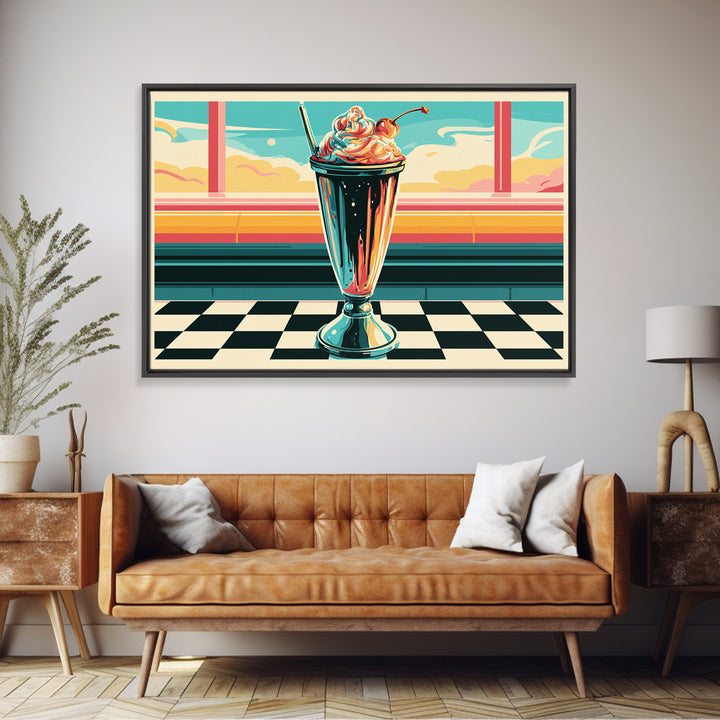 1950s Diner Milkshake Framed Canvas Print, Retro Art, Gallery Decor, Living Room Decor, Fine Art, Retro, Contemporary Art, RET-3x2-77