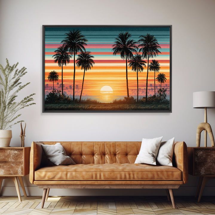 70s Sunset Stripes Framed Canvas Print, Retro Art, Bedroom Wall Art, Living Room Decor, Watercolor Art, Retro, Art Print, RET-3x2-79