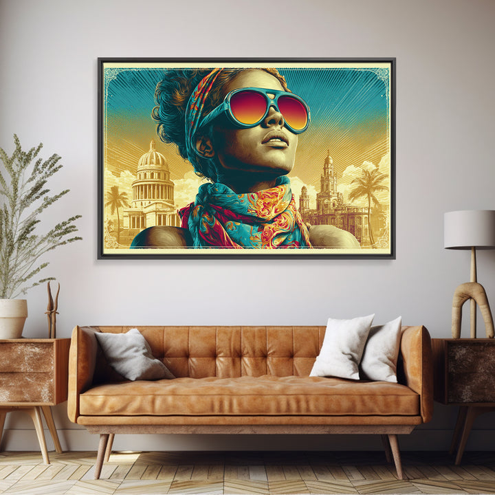 Mod Woman in Sunglasses and Scarf Canvas Print, Retro Art, Boho Decor, Living Room Decor, Retro, Posters, Digital Prints, RET-3x2-84
