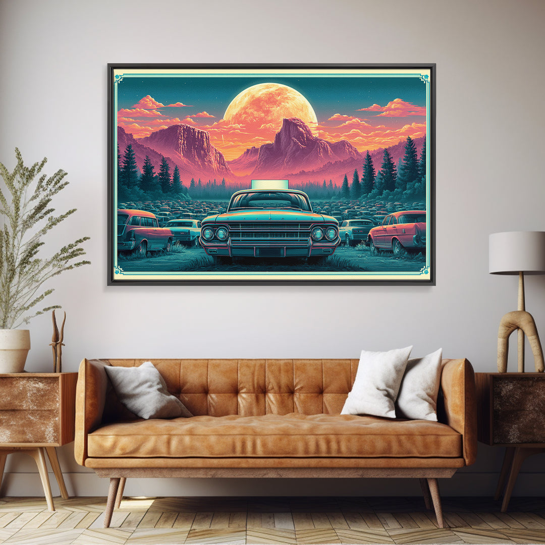 Drive in Movie Scene with Moonlit Cars Framed Canvas Print, Retro Art, Luxury Decor, Living Room Decor, Fine Art, Retro, RET-3x2-92