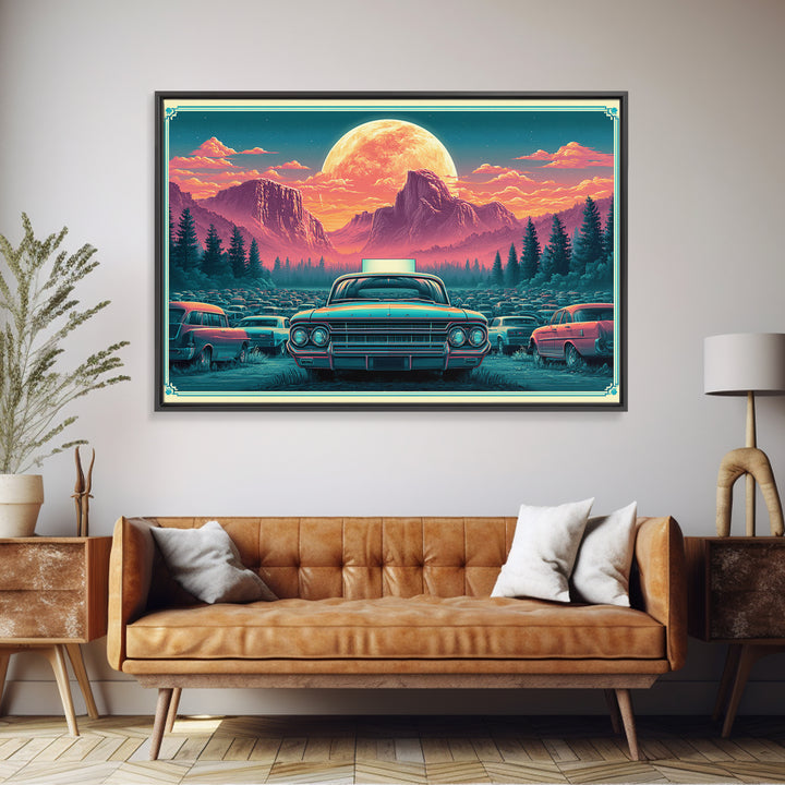 Drive in Movie Scene with Moonlit Cars Framed Canvas Print, Retro Art, Luxury Decor, Living Room Decor, Fine Art, Retro, RET-3x2-92