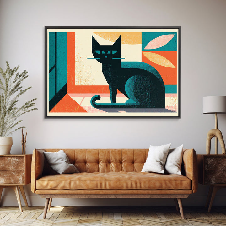 Mid Century Cat Framed Canvas Print, Retro Art, Floral Wall Art, Living Room Decor, Abstract Art, Retro, Minimalist Decor, RET-3x2-97