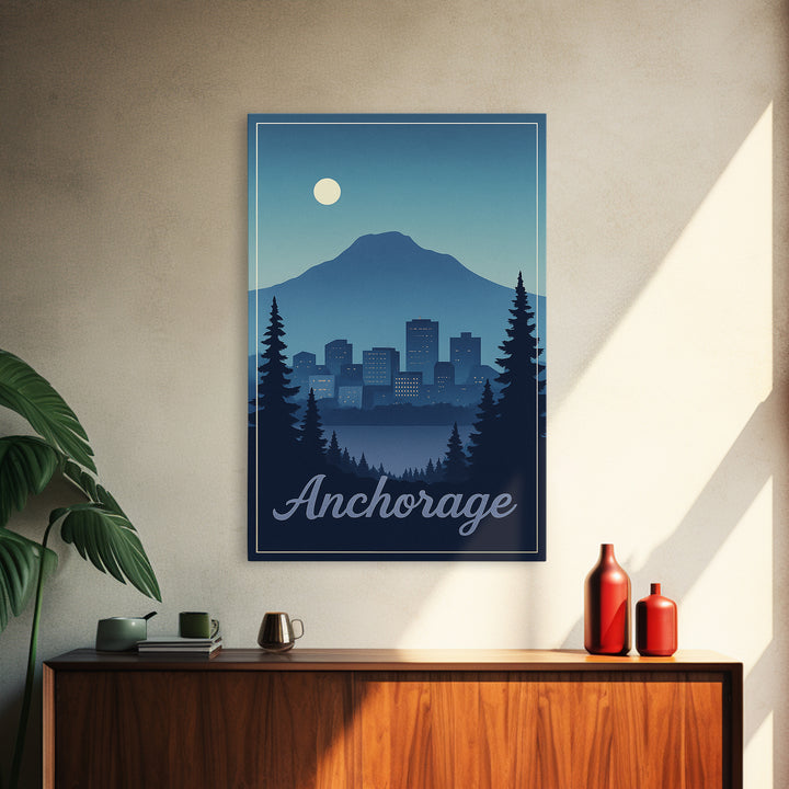 Anchorage Travel Poster, Framed Canvas Print, Retro Sunset Skyline Art, Anchorage City Art, Travel Poster Art, Travel Wall Decor
