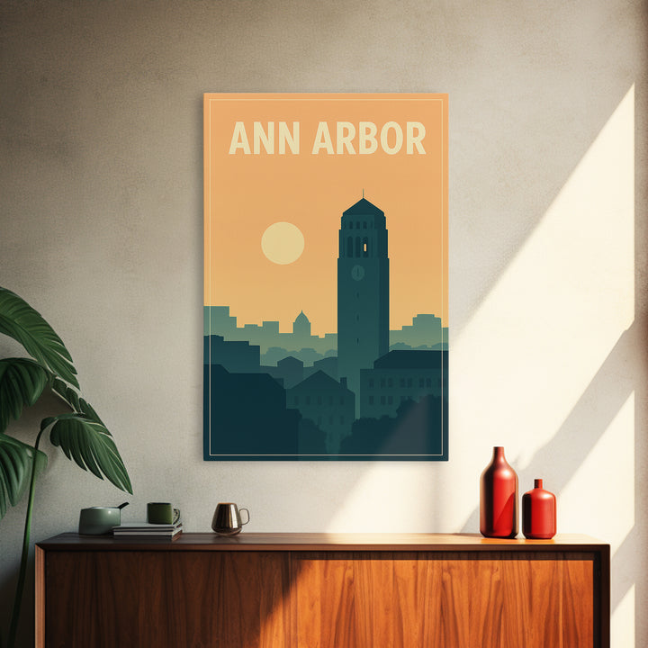 Ann Arbor Travel Poster, Framed Canvas Print, Retro Sunset Skyline Art, Ann Arbor Art Print, Travel Wall Art, City Art Print, Home Decor