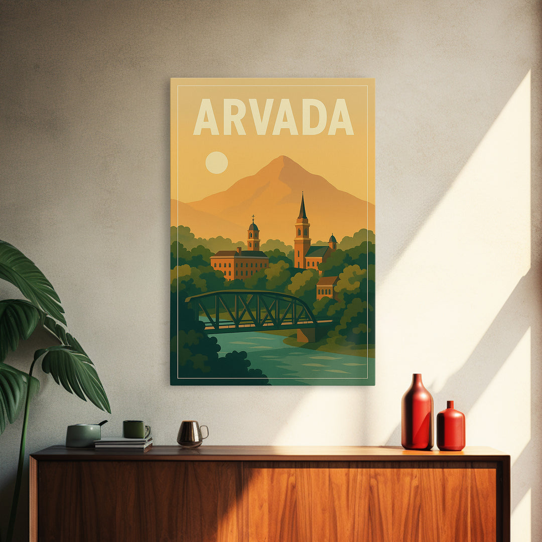 Arvada Travel Poster, Canvas Print, Mid Century City Wall Art, Arvada Poster Print, City Art Print, Wall Decor, Watercolor City Skyline