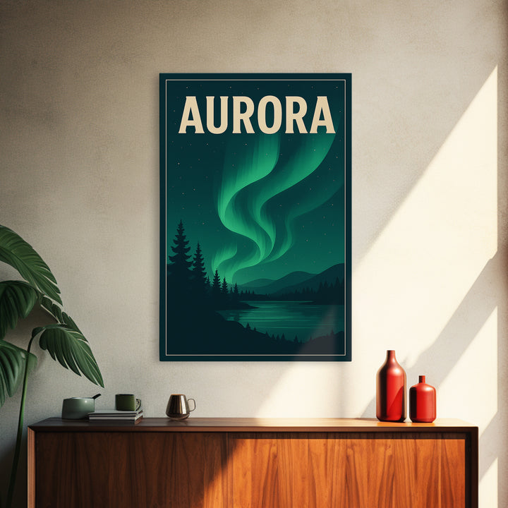 Aurora Travel Poster, Framed Canvas Print, Retro Sunset Skyline Art, Aurora Art Print, City Illustration, Vintage City Poster, Design 2