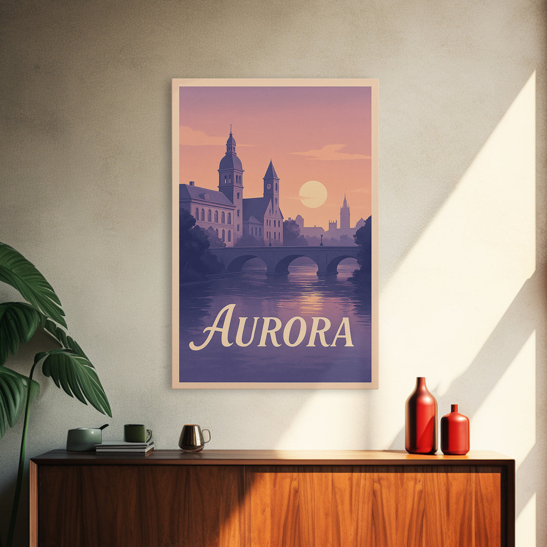 Aurora Travel Poster, Canvas Print, Mid Century City Wall Art, Aurora Wall Art, Gift For Travelers, City Illustration, Travel Wall Art