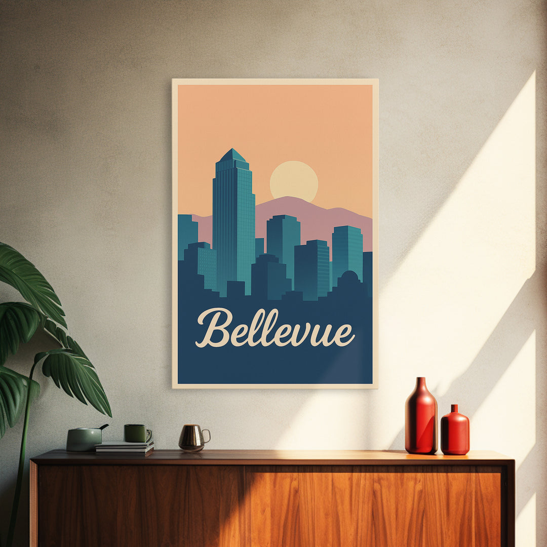 Bellevue Washington Travel Poster, Canvas Print, Retro Sunset Skyline Art, Bellevue Poster Print, Retro Travel Print, Art Print, Poster Art