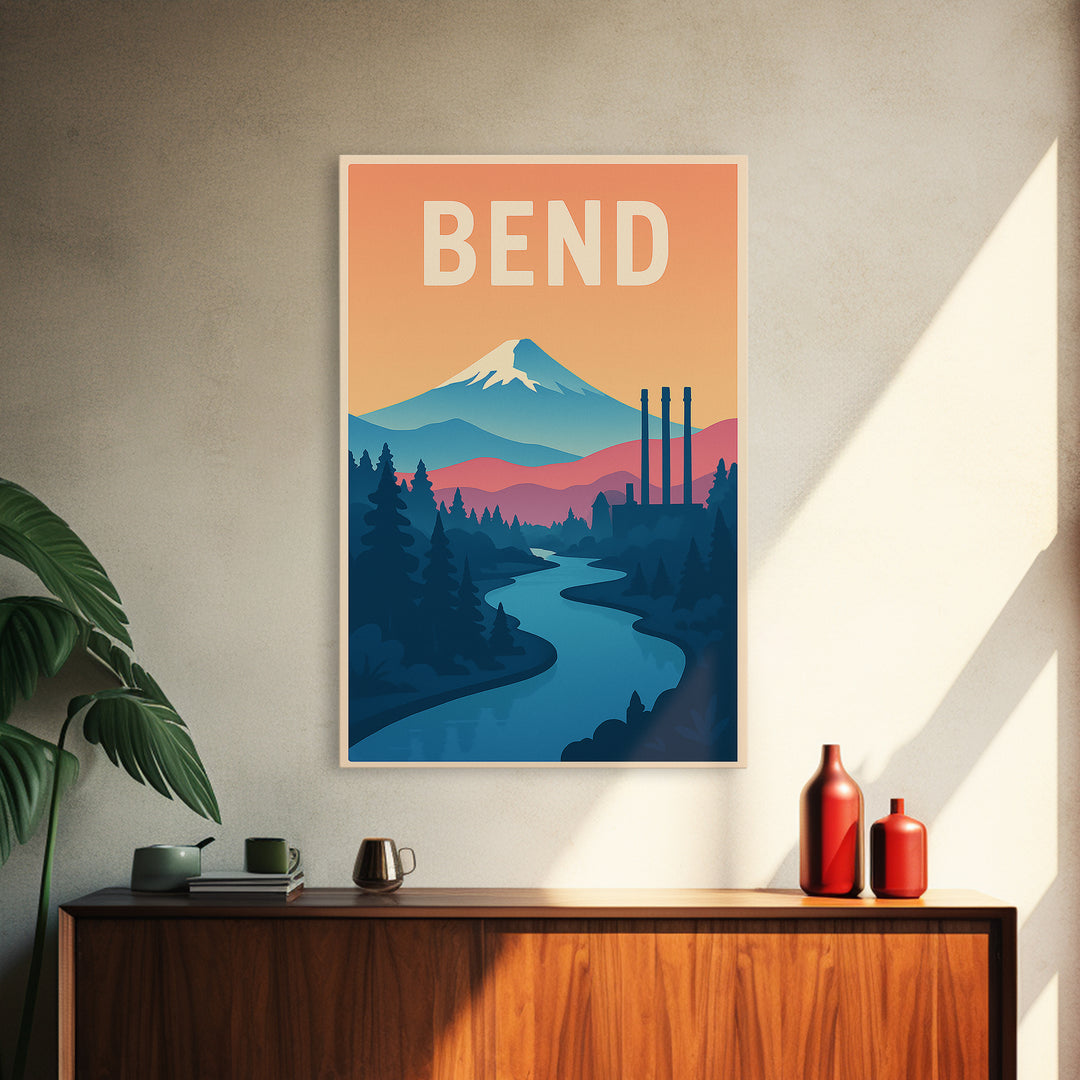 Bend Travel Poster, Canvas Print, Classic Travel Poster Art, Bend Travel Art, City Art Print, Fine Art Print, City Illustration