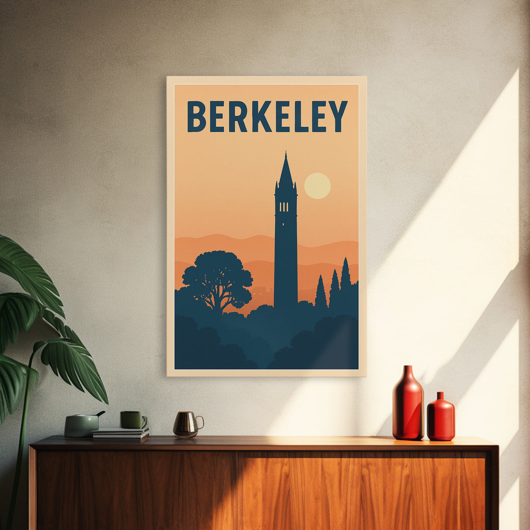 Berkeley Travel Poster, Framed Canvas Print, Retro Sunset Skyline Art, Berkeley Poster Print, Travel Wall Decor, Watercolor Urban Skyline