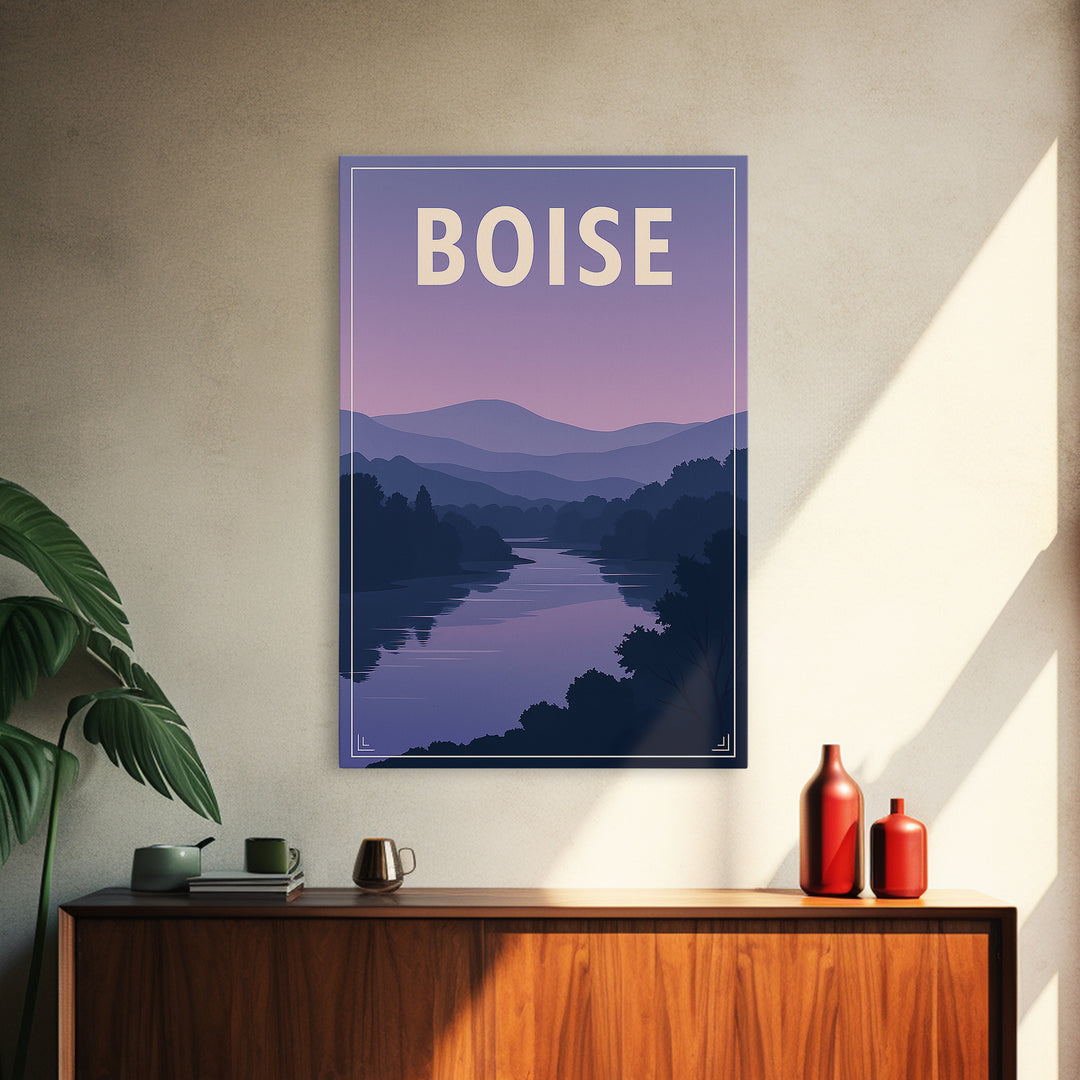 Boise Idaho Travel Poster, Canvas Print, Retro Sunset Skyline Art, Boise Art Print, Wall Decor, Mid Century Wall Art, Travel Poster Art