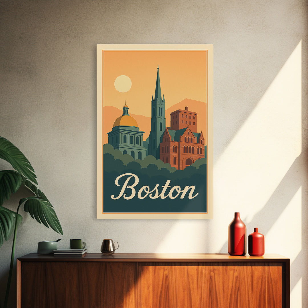Boston Massachusetts Travel Poster, Framed Canvas Print, Retro Sunset Skyline Art, Boston Art Print, Mid Century Wall Art, City Illustration