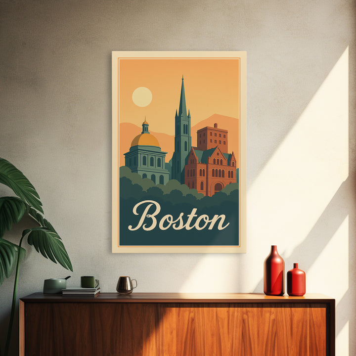 Boston Massachusetts Travel Poster, Framed Canvas Print, Retro Sunset Skyline Art, Boston Art Print, Mid Century Wall Art, City Illustration