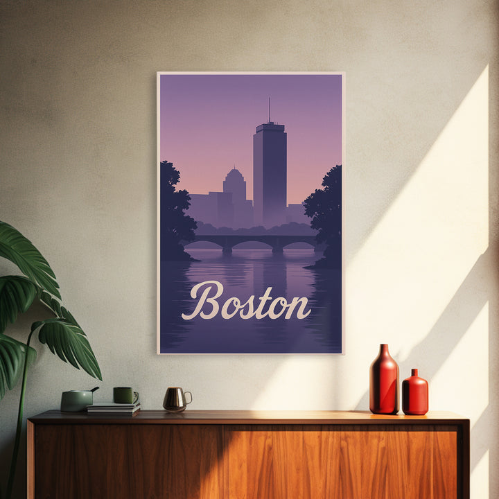 Boston Travel Poster, Canvas Print, Retro Sunset Skyline Art, Boston Travel Art, Living Room Wall Art, Vintage Travel Print, Travel Gift