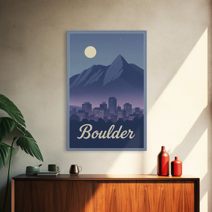 Boulder Travel Poster, Framed Canvas Print, Retro Sunset Skyline Art, Boulder Wall Art, Gift For Travelers, Modern Wall Decor, Wall Art