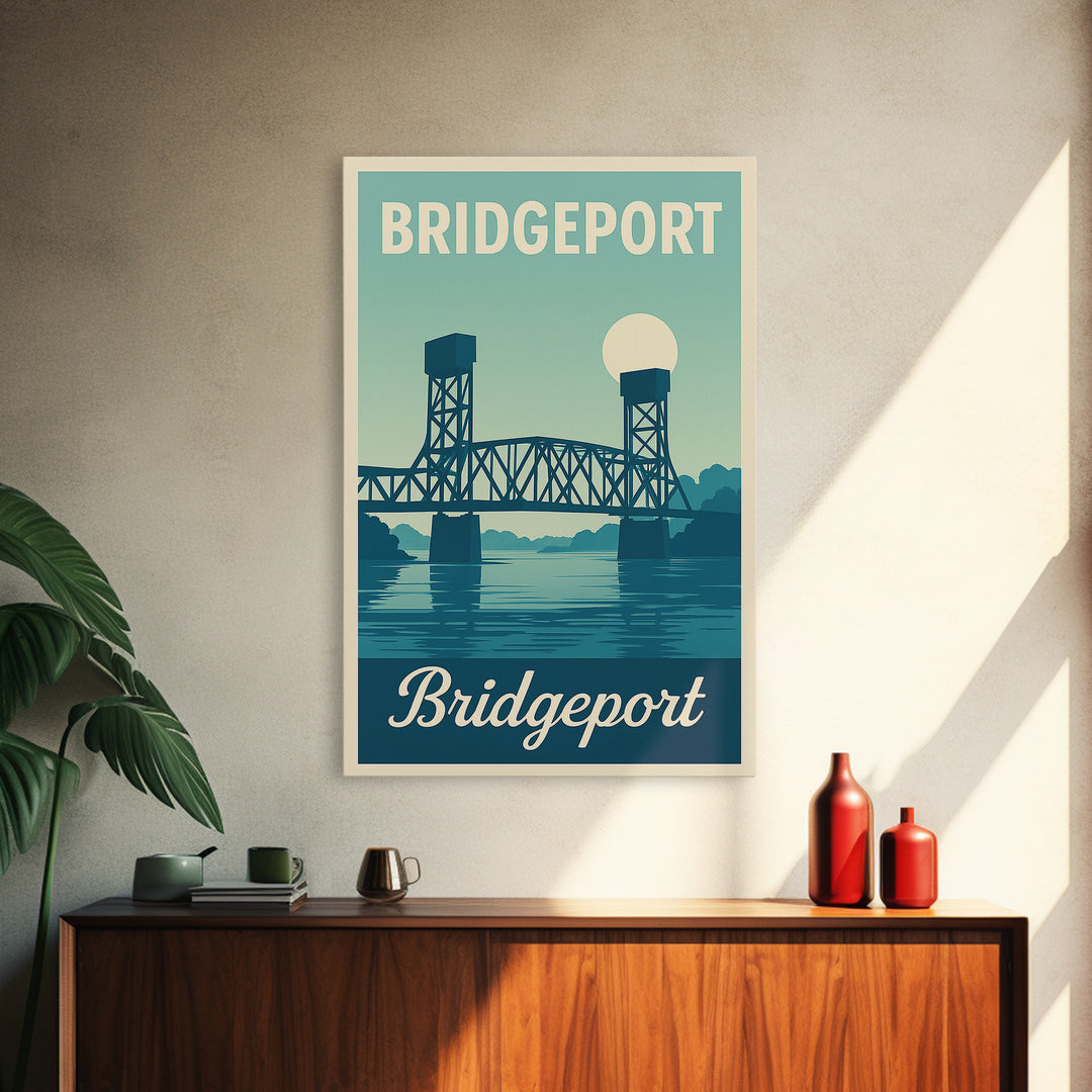 Bridgeport Connecticut Travel Poster, Canvas Print, Retro Sunset Skyline Art, Bridgeport Wall Art, City Travel Prints, Travel Poster Art