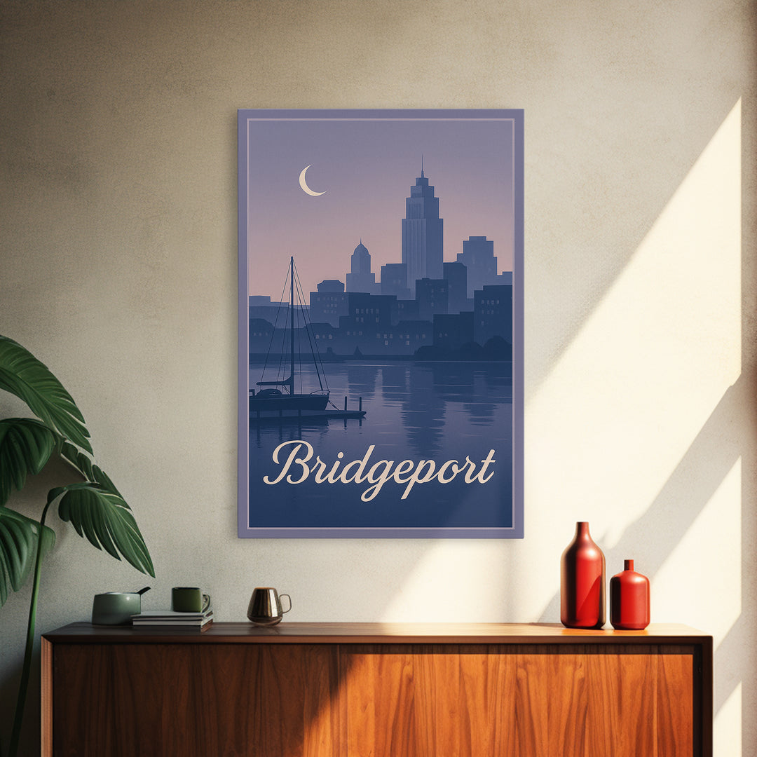 Bridgeport Travel Poster, Framed Canvas Print, Mid Century City Wall Art, Bridgeport City Art, Wanderlust Decor, Retro Travel Print