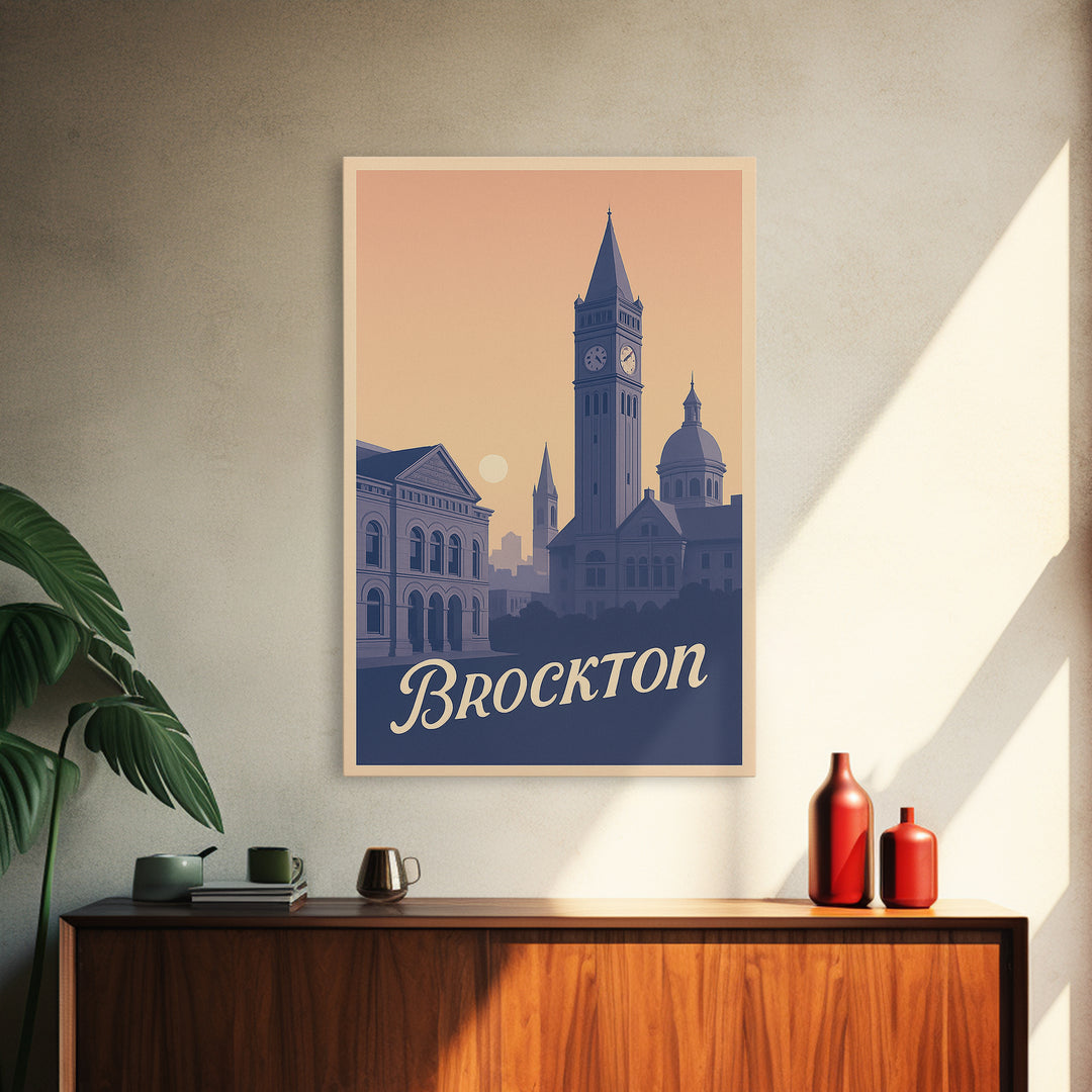 Brockton Travel Poster, Framed Canvas Print, Classic Travel Poster Art, Brockton Wall Art, Watercolor Urban Skyline, Fine Art Print