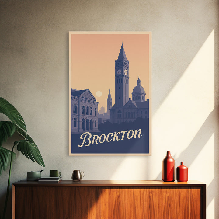 Brockton Travel Poster, Framed Canvas Print, Classic Travel Poster Art, Brockton Wall Art, Watercolor Urban Skyline, Fine Art Print