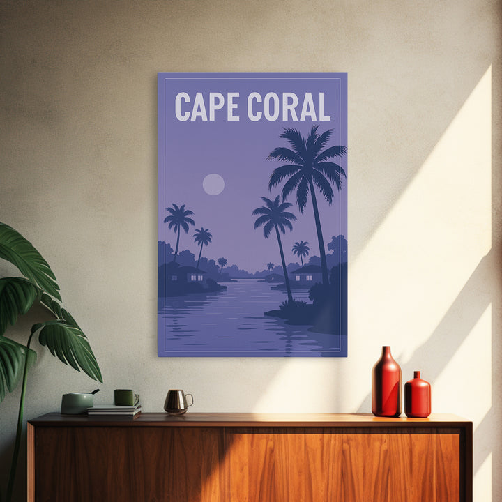 Cape Coral Florida Travel Poster, Framed Canvas Print, Retro Sunset Skyline Art, Cape Coral City Art, Fine Art Print, Mid Century Wall Art