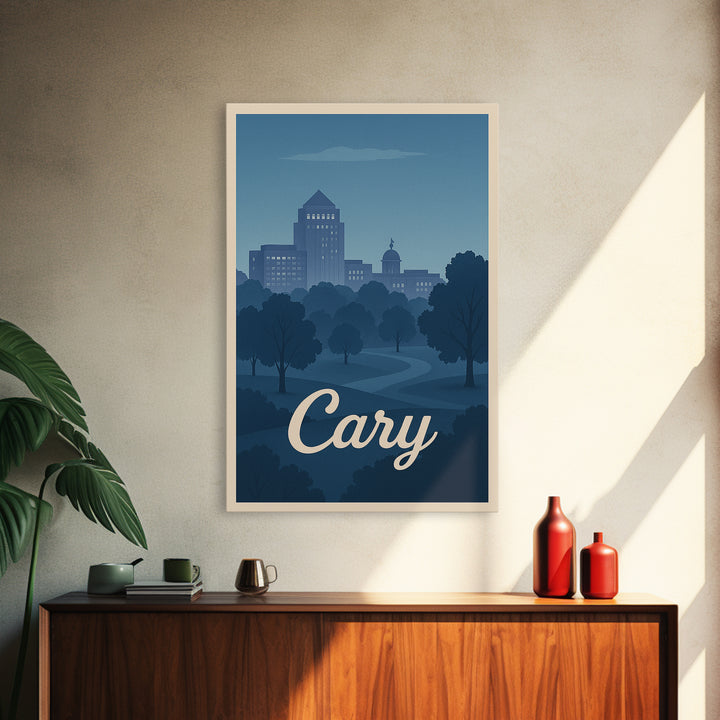 Cary Travel Poster, Framed Canvas Print, Mid Century City Wall Art, Cary Wall Art, Vintage Travel Print, Vintage City Art, City Poster