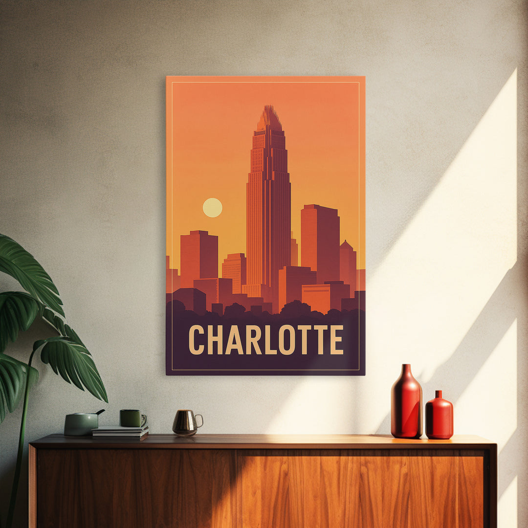 Charlotte Travel Poster, Framed Canvas Print, Classic Travel Poster Art, Charlotte Art Print, Home Office Decor, Mid Century Wall Art
