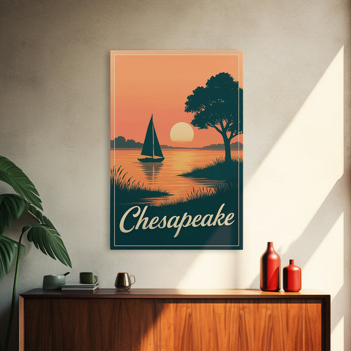 Chesapeake Virginia Travel Poster, Canvas Print, Retro Sunset Skyline Art, Chesapeake Poster Print, Vintage Travel Print, Travel Wall Art