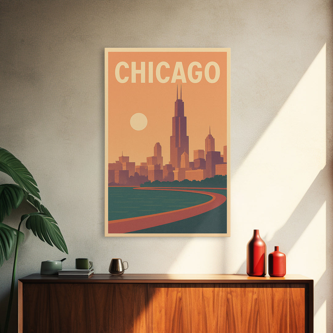 Chicago Illinois Travel Poster, Framed Canvas Print, Retro Sunset Skyline Art, Chicago Travel Art, Retro Travel Print, Home Office Decor