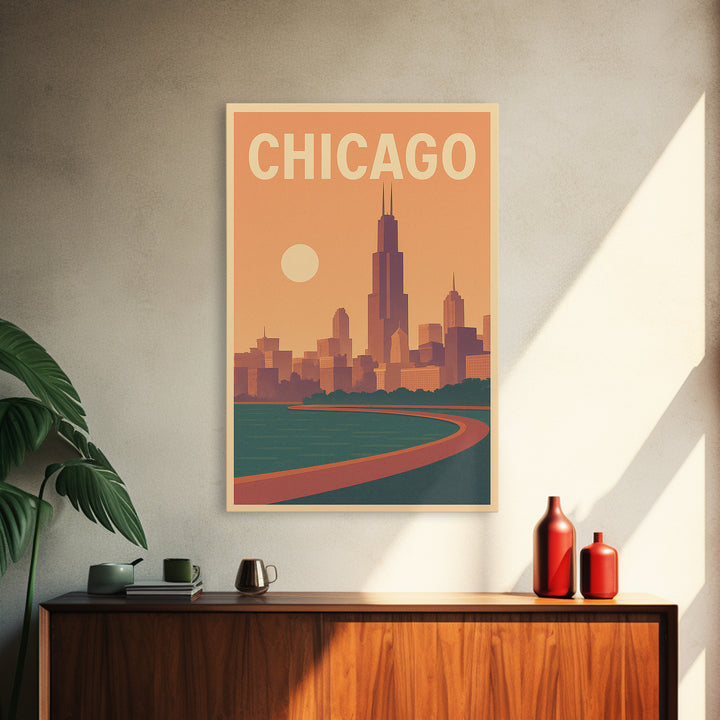 Chicago Illinois Travel Poster, Framed Canvas Print, Retro Sunset Skyline Art, Chicago Travel Art, Retro Travel Print, Home Office Decor