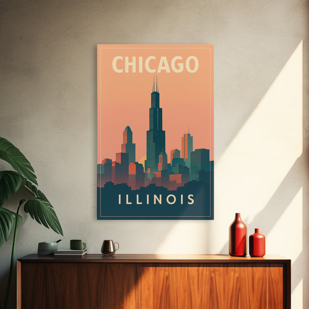 Chicago Travel Poster, Framed Canvas Print, Classic Travel Poster Art, Chicago Wall Art, Vintage City Poster, Mid Century Wall Art