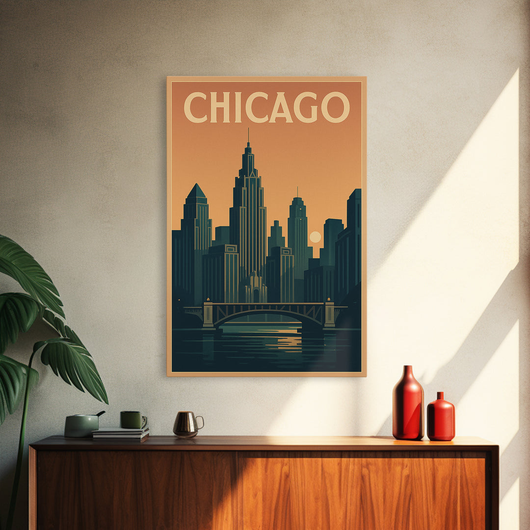Chicago Travel Poster, Framed Canvas Print, Retro Sunset Skyline Art, Chicago Poster Print, Travel Poster Set, Vintage City Poster