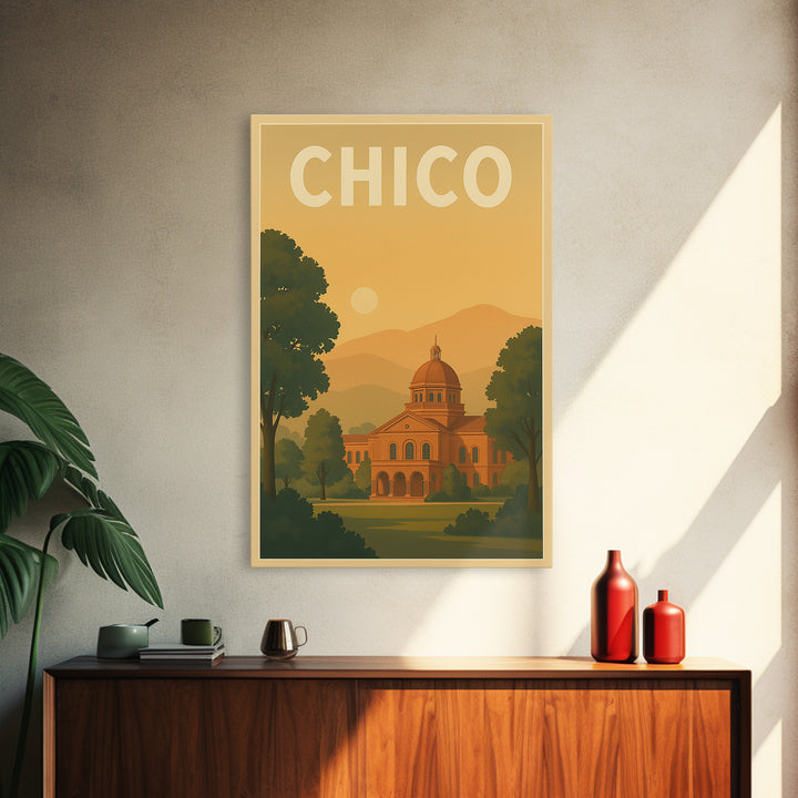 Chico Travel Poster, Framed Canvas Print, Mid Century City Wall Art, Chico Poster Print, City Illustration, Travel Poster Set, Design 2