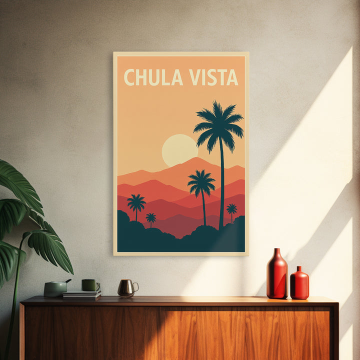 Chula Vista Travel Poster, Framed Canvas Print, Retro Sunset Skyline Art, Chula Vista Poster Print, Vintage City Poster, City Art Print