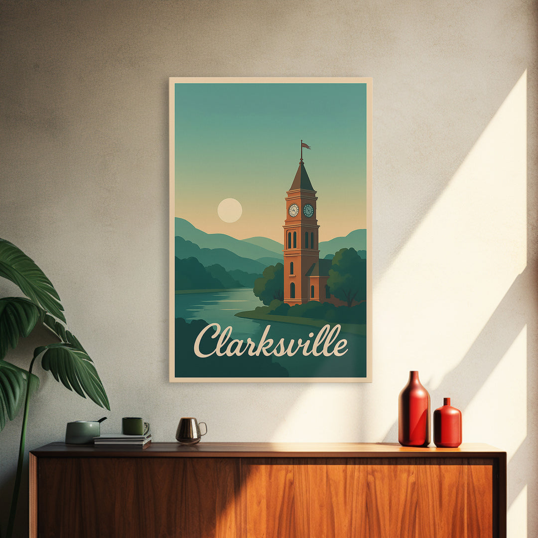 Clarksville Tennessee Travel Poster, Canvas Print, Mid Century City Wall Art, Clarksville Poster Print, Wall Decor, Mid Century Wall Art