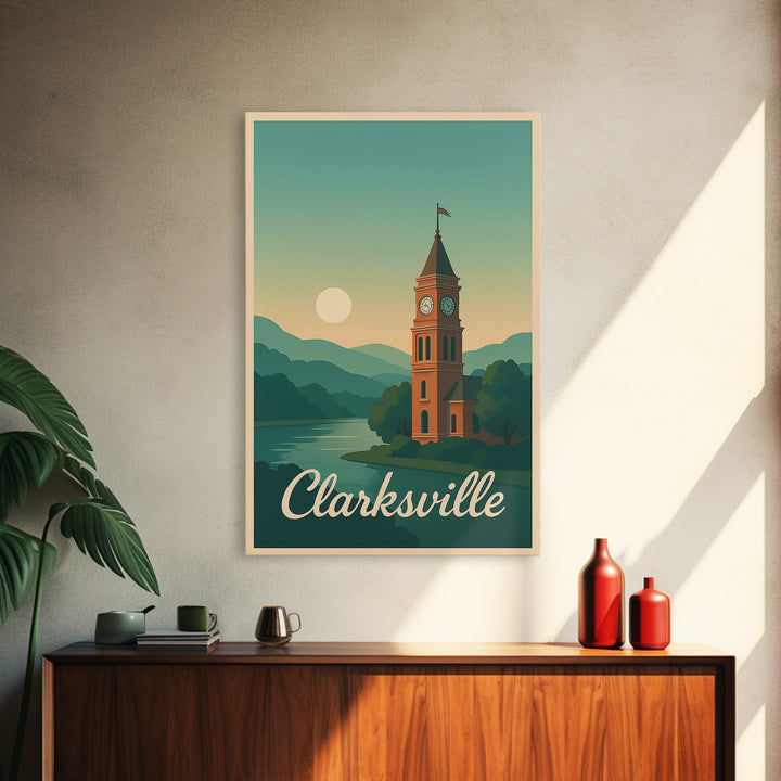 Clarksville Tennessee Travel Poster, Canvas Print, Mid Century City Wall Art, Clarksville Poster Print, Wall Decor, Mid Century Wall Art