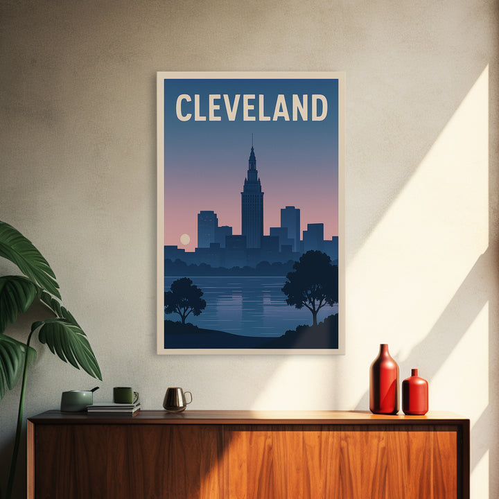 Cleveland Travel Poster, Framed Canvas Print, Mid Century City Wall Art, Cleveland City Art, City Illustration, Modern Wall Decor