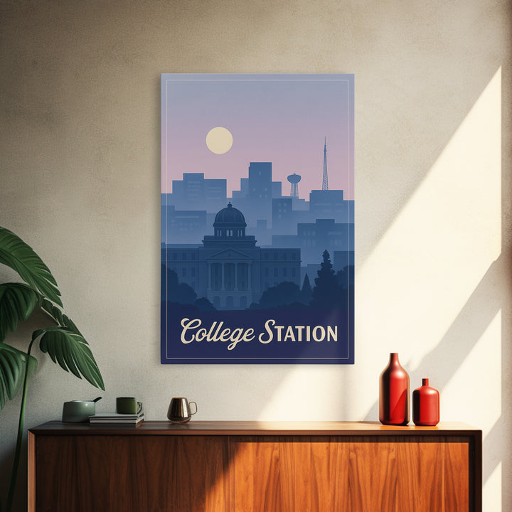 College Station Travel Poster, Framed Canvas Print, Retro Sunset Skyline Art, College Station City Art, Home Office Decor, Travel Art Print