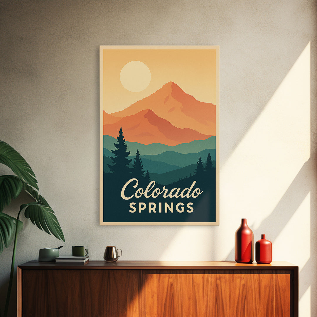 Colorado Springs Colorado Travel Poster, Framed Canvas Print, Retro Sunset Skyline Art, Colorado Springs Travel Art, Living Room Wall Art