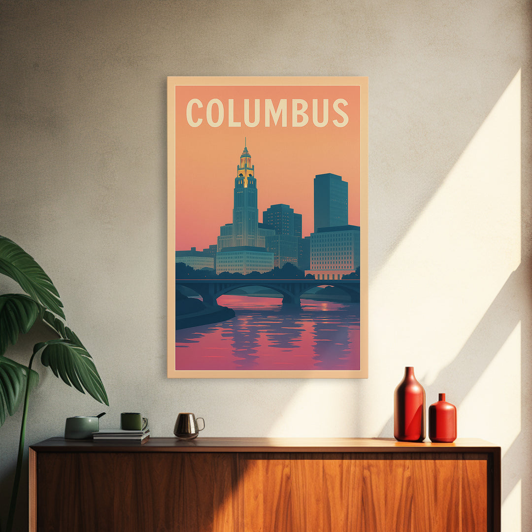 Columbus Ohio Travel Poster, Canvas Print, Vintage Travel Poster Art, Columbus Poster Print, Retro Travel Print, City Illustration
