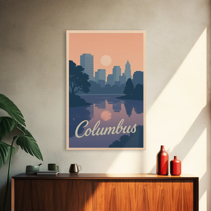 Columbus Travel Poster, Framed Canvas Print, Retro Sunset Skyline Art, Columbus Wall Art, Modern Wall Decor, Retro Travel Print