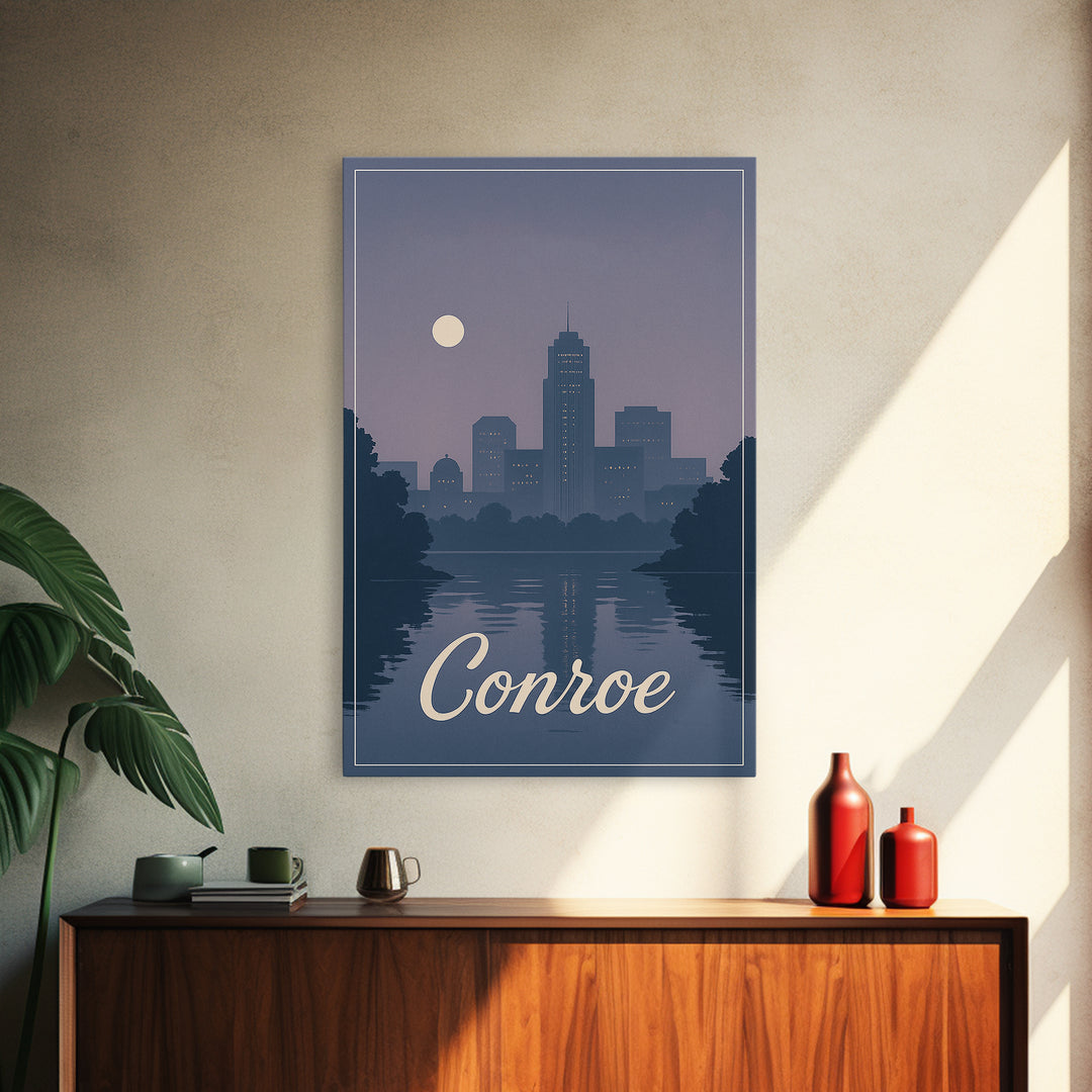 Conroe Travel Poster, Framed Canvas Print, Mid Century City Wall Art, Conroe Travel Art, Living Room Wall Art, Vintage City Poster