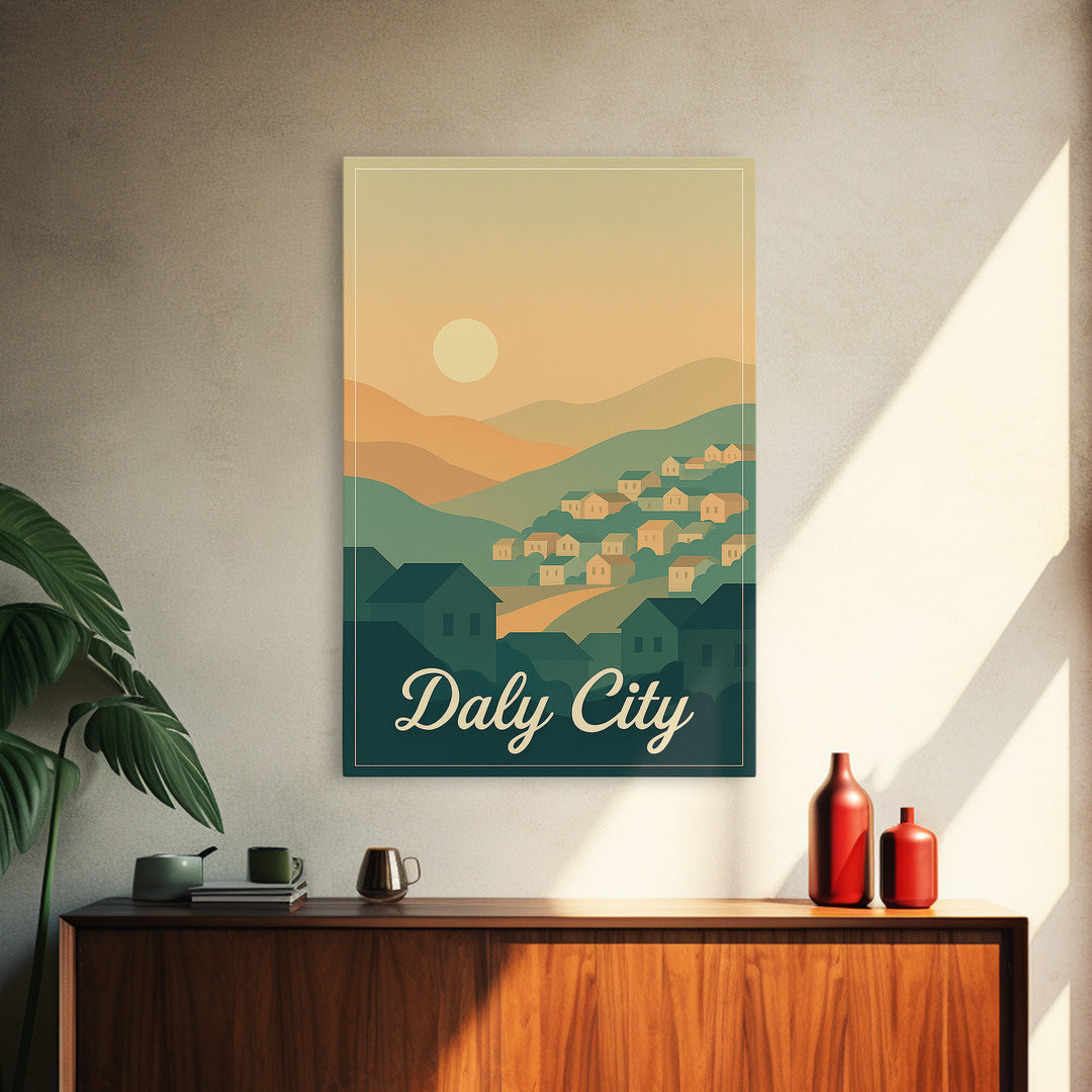 Daly City California Travel Poster, Canvas Print, Retro Sunset Skyline Art, Daly City Art Print, Gift For Travelers, Living Room Wall Art