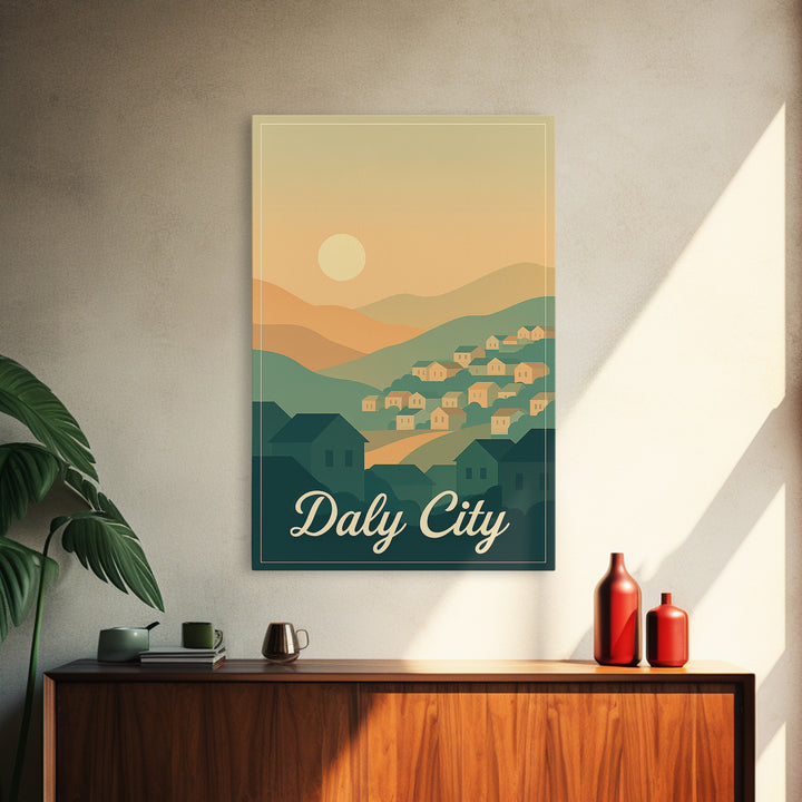Daly City California Travel Poster, Canvas Print, Retro Sunset Skyline Art, Daly City Art Print, Gift For Travelers, Living Room Wall Art